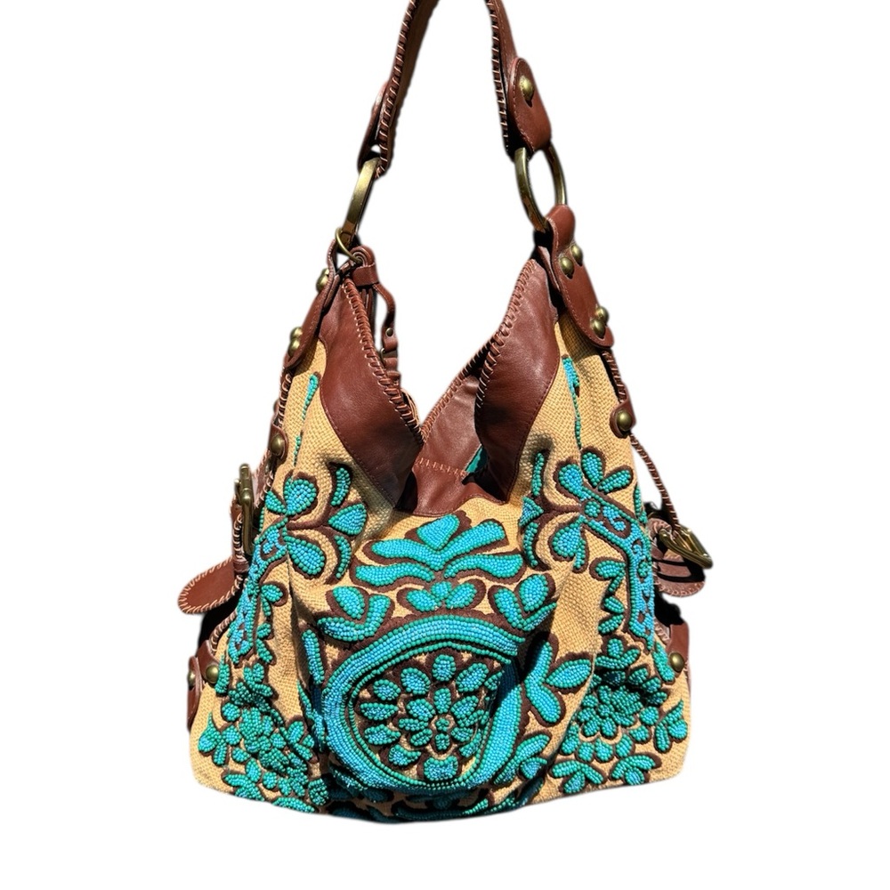 VTG Isabella Fiore Beaded Turquoise Oh Suzani Corina Leather Bag